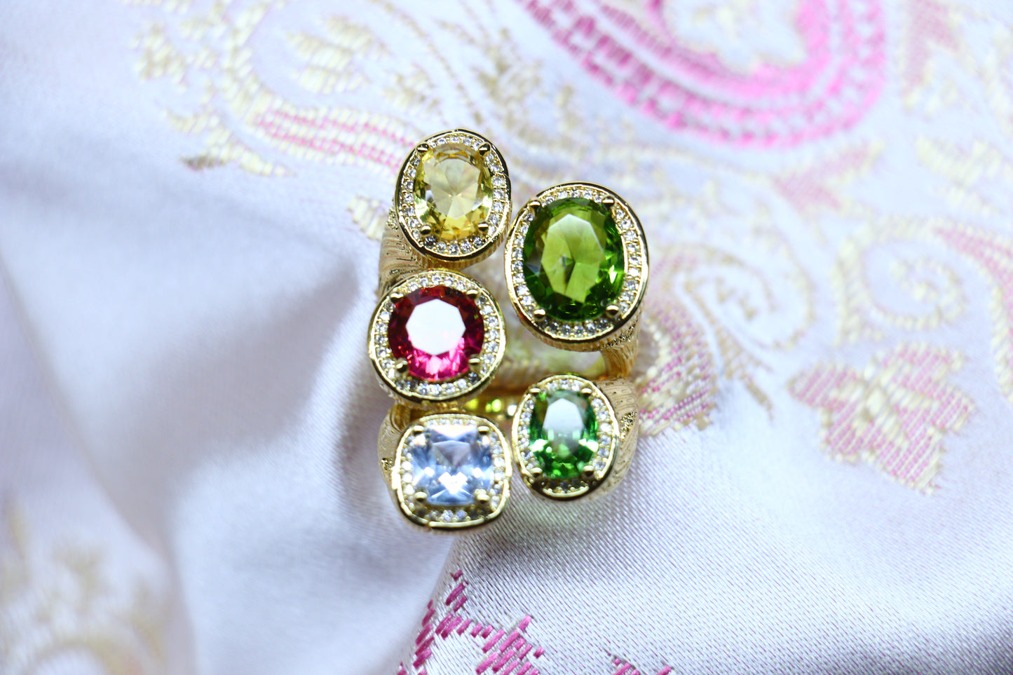 The Boss Lady Big Queen Gold -Plated Ring with 5 Colorful American Diamonds – Bold, Regal, and Radiant 555555