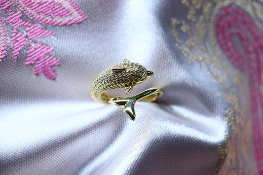 Gold-Plated Dolphin Ring with Mini American Diamonds – Playful Charm Meets Elegant Shine 23003