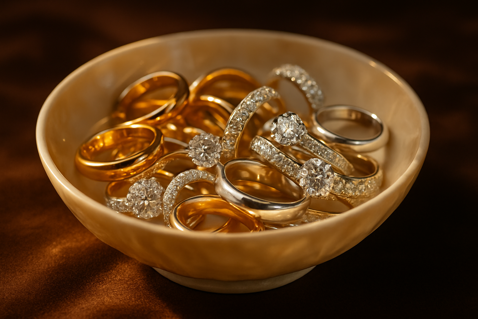 A BOWL FULL OF RINGS OF GOLD SILVER AND DIAMONDS 